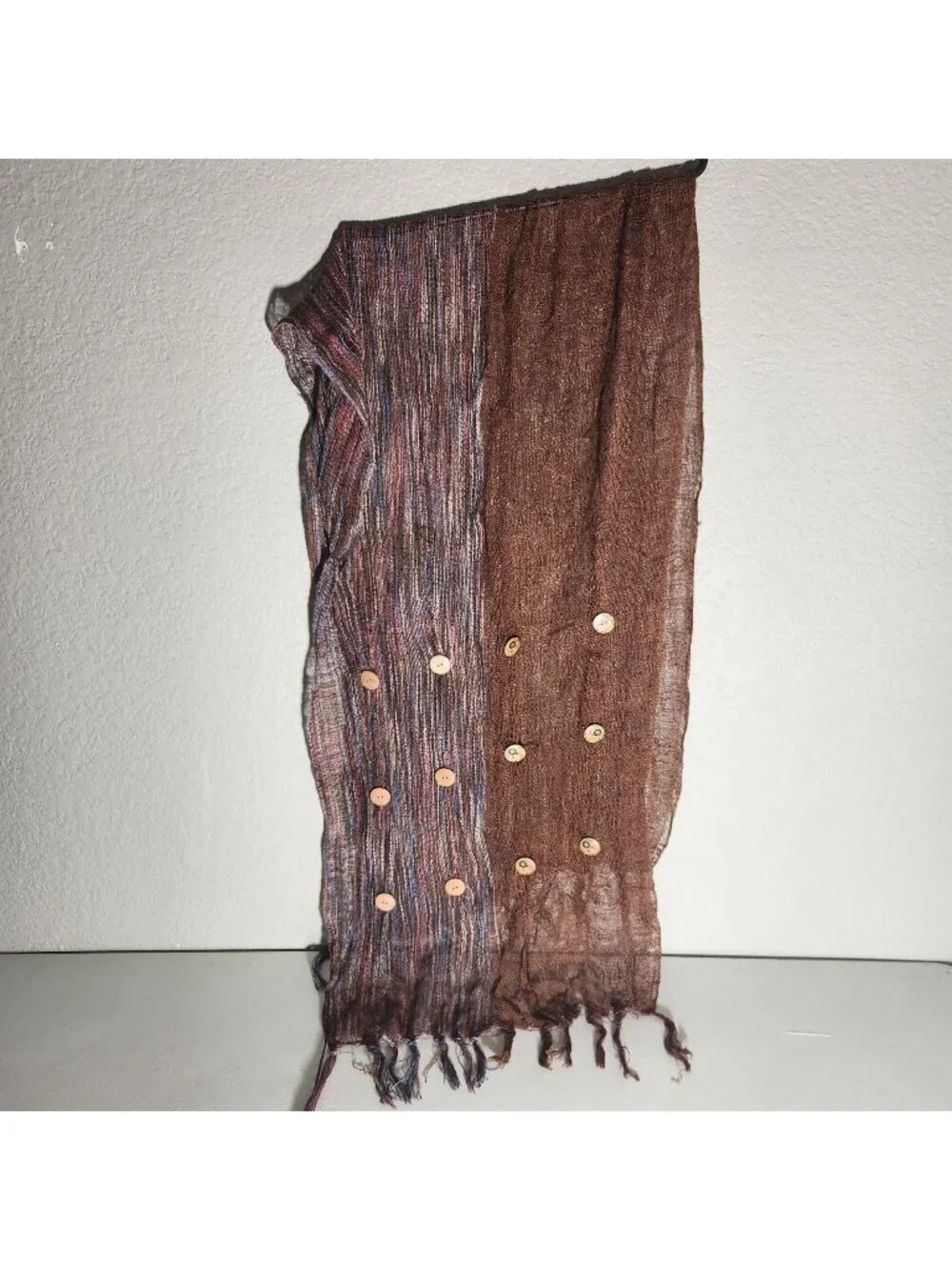 Handwoven Boho Scarf With Brown & Multicolor Panels Fringed Ends & Decorative Bu